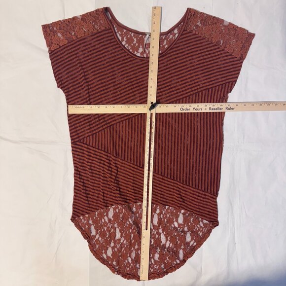 Free People Tunic Top Lace Sheer - Med Burnt Orange Striped High Low Boho - Picture 3 of 5